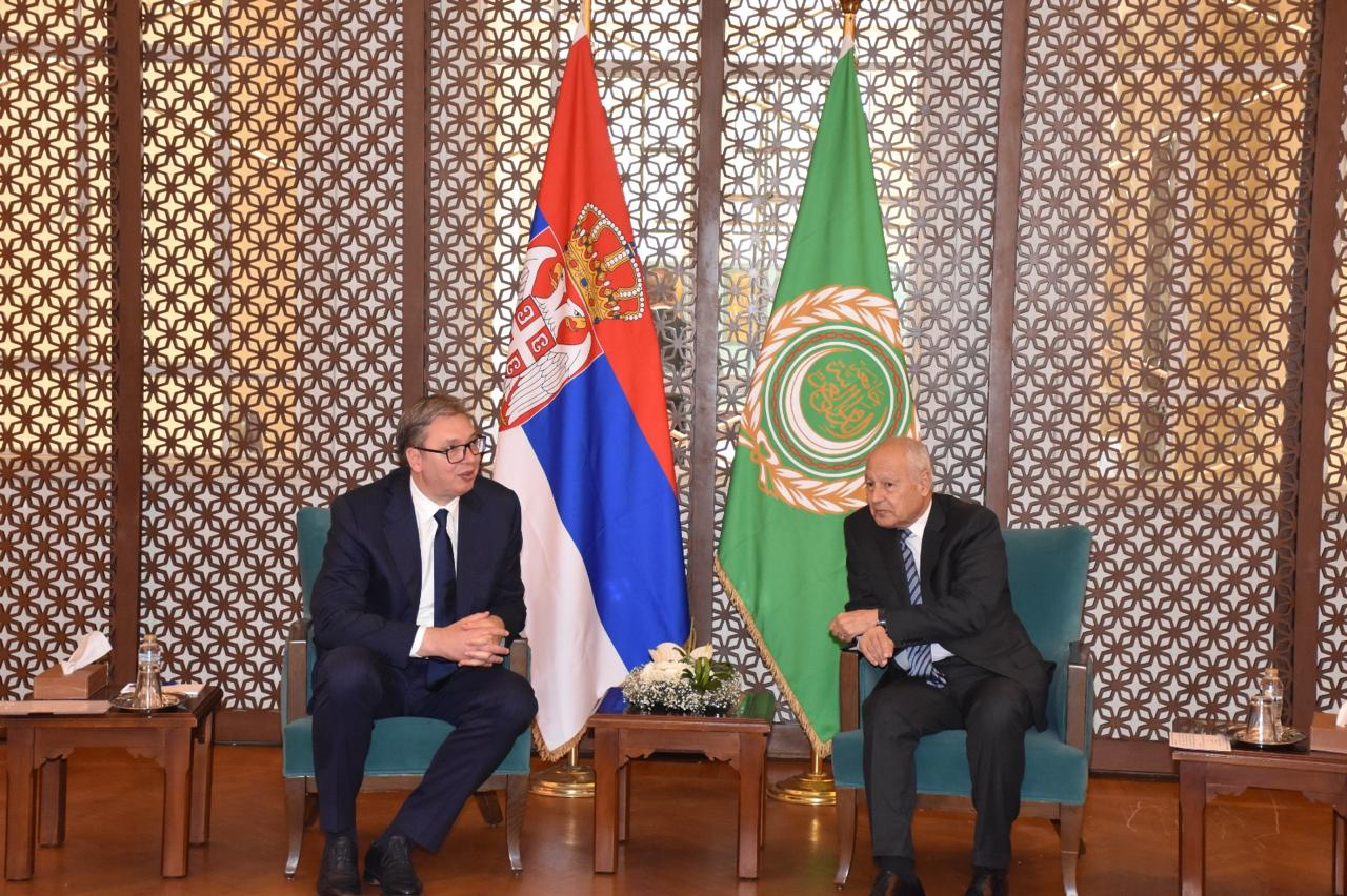 Secretary-General of the Arab League Ahmad Abul-Gheit meets with Serbian President Aleksandar Vucic