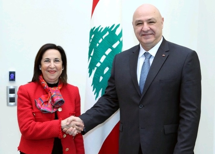Lebanese President Joseph Aoun with visiting Spanish Defense Minister Maragrita Robles