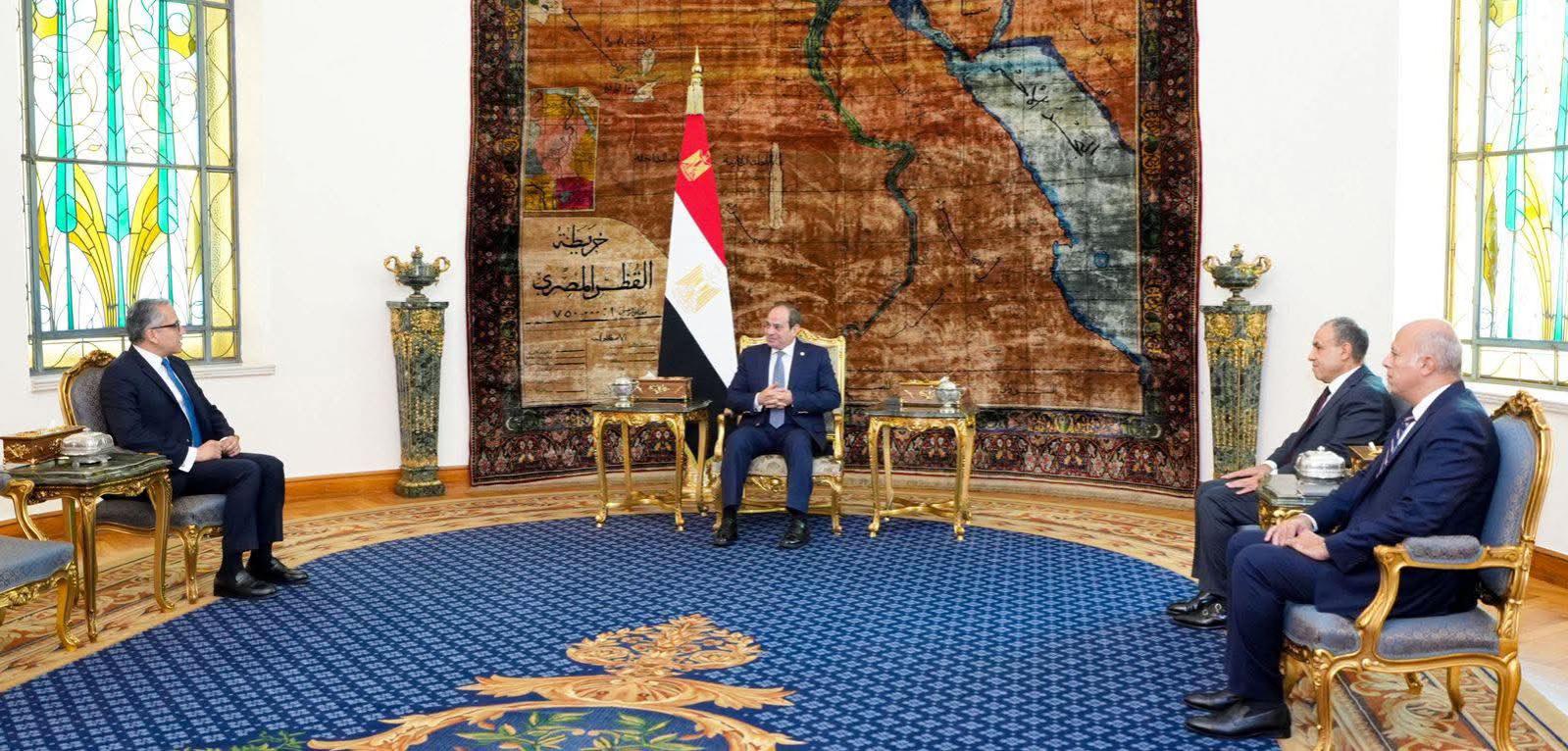 Egyptian President Abdelfattah Al-Sisi while welcoming UNESCO's newly elected Director General Dr. Khaled Al-Enany, with Egyptian Foreign Minister Badr Abdelaty