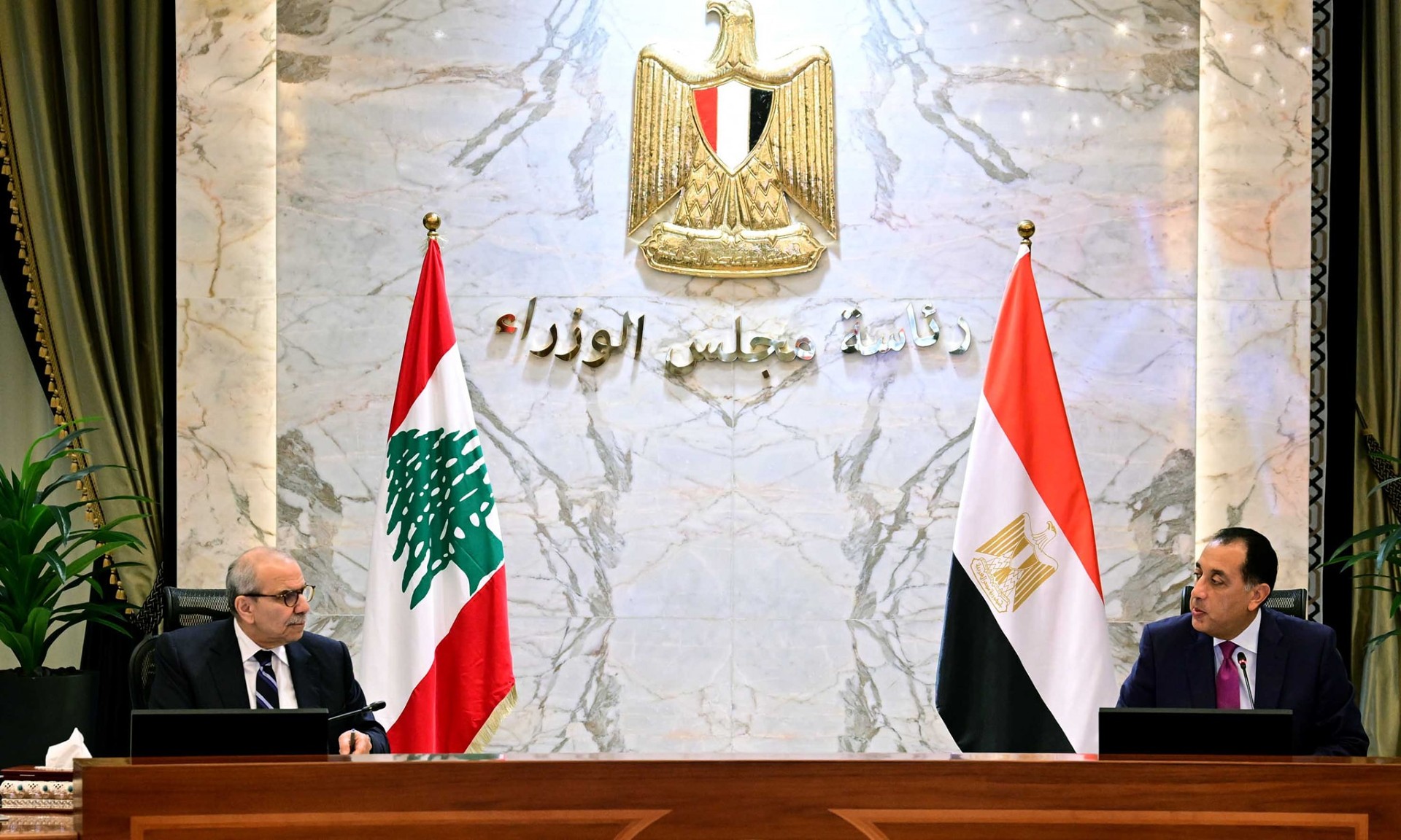 Egyptian Prime Minister Mustafa Madbouli and Lebanese Prime Minister Nawaf Salam
