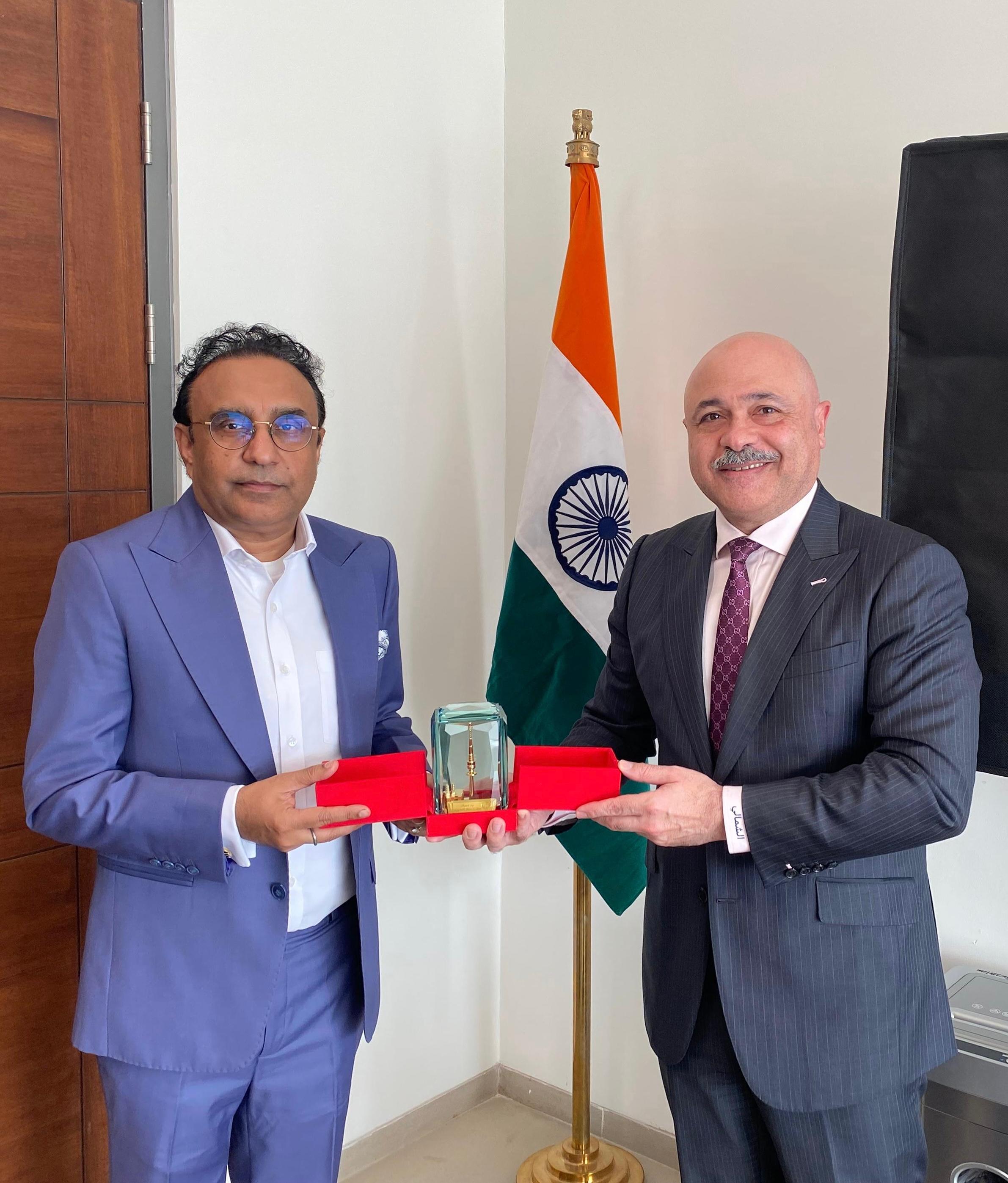 Kuwait's Ambassador to India, Meshal Al-Shamali with Additional Secretary in the Indian Ministry of Finance and head of India's Financial Action Task Force (FATF) Diwakar Nath Misra