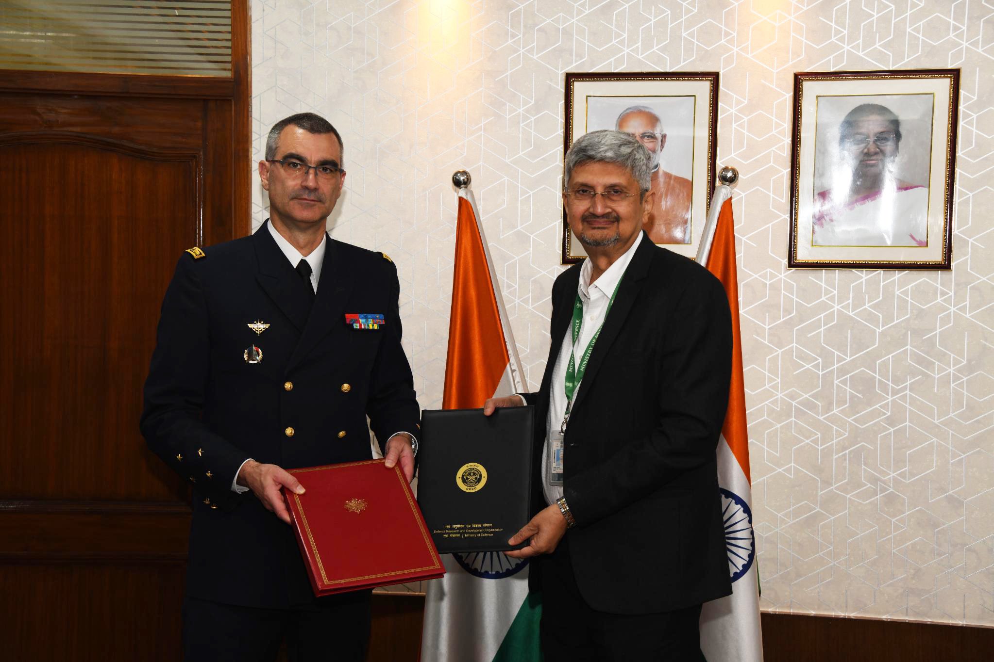 India's DRDO chief Samir V. Kamat and National Armaments Director of France’s DGA Gael Diaz de Tuesta sign technical agreement to boost defence collaboration in New Delhi
