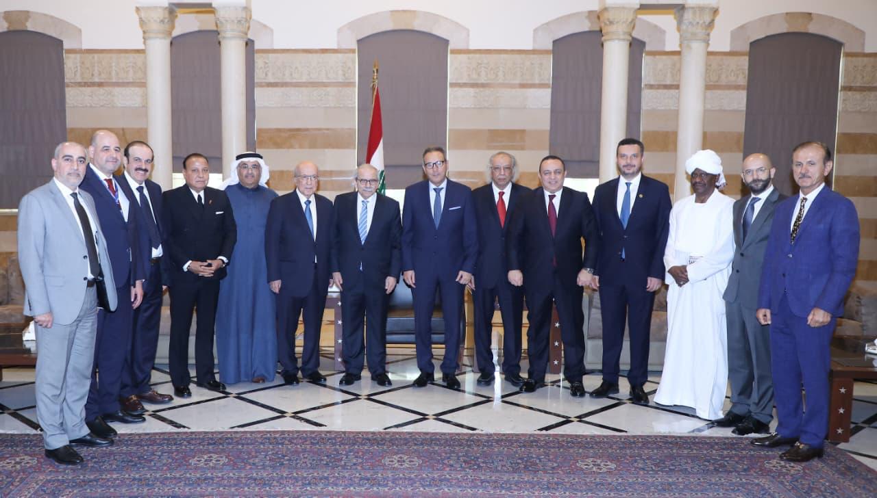 Lebanese Prime Minister Nawaf Salam during his reception of a delegation of participants in the Arab Banking Conference