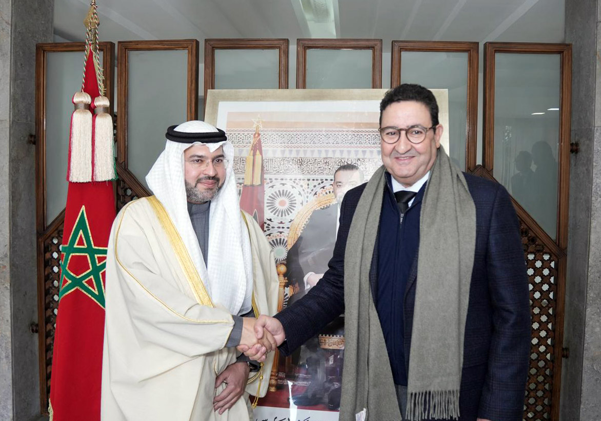 Kuwait's Public Authority for Civil Aviation (PACA) Director General Sheikh Humoud Mubarak Al-Humoud Al-Jaber Al-Sabah with Morocco's Minister of Transport and Logistics Abdessamad Kayouh