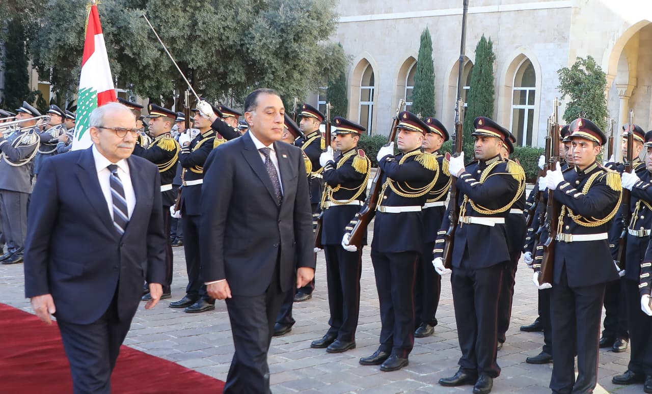 Lebanese Prime Minister Nawaf Salam with his Egyptian counterpart Mostafa Madbouly