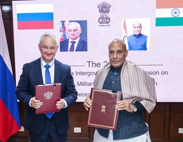 Indian Defence Minister Rajnath Singh and his Russian counterpart Andrei Belousov