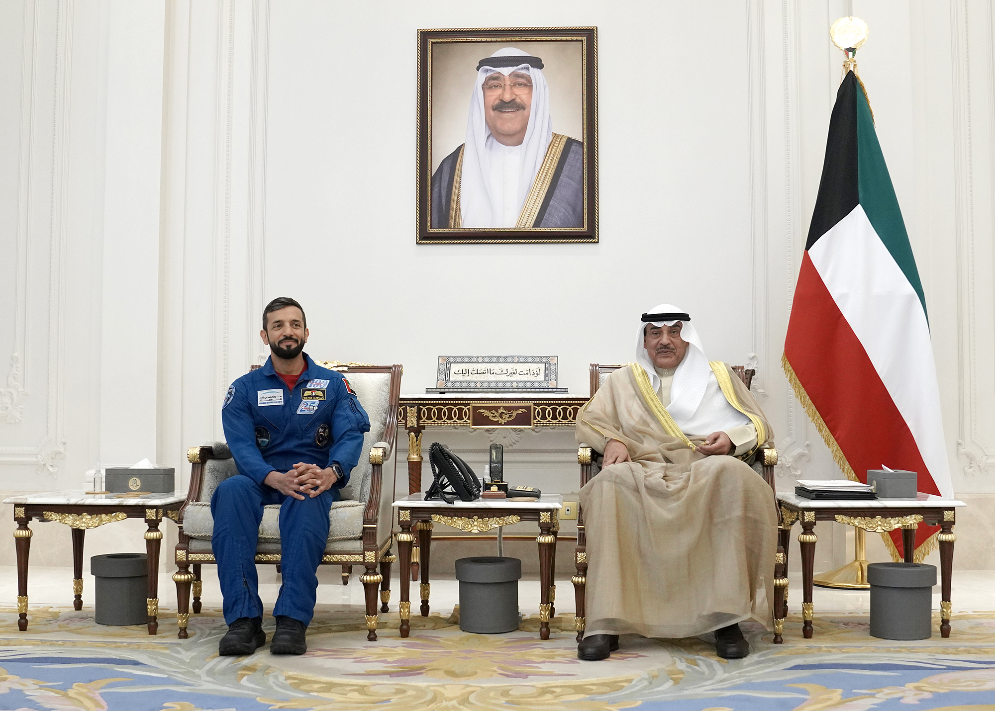 His Highness the Crown Prince Sheikh Sabah Khaled Al-Hamad Al-Sabah received UAE's State Minister for Youth Affairs Dr. Sultan Al-Neyadi, and astronauts Nora Al-Matrooshi and Mohammad Al-Mulla