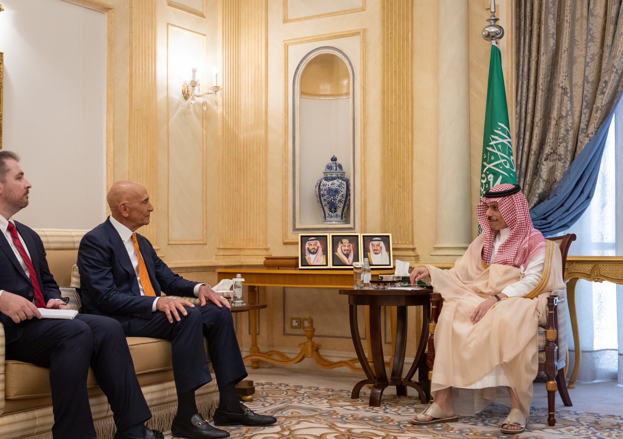 Saudi Foreign Minister Prince Faisal bin Farhan  with US envoy to Syria Tom Barrack