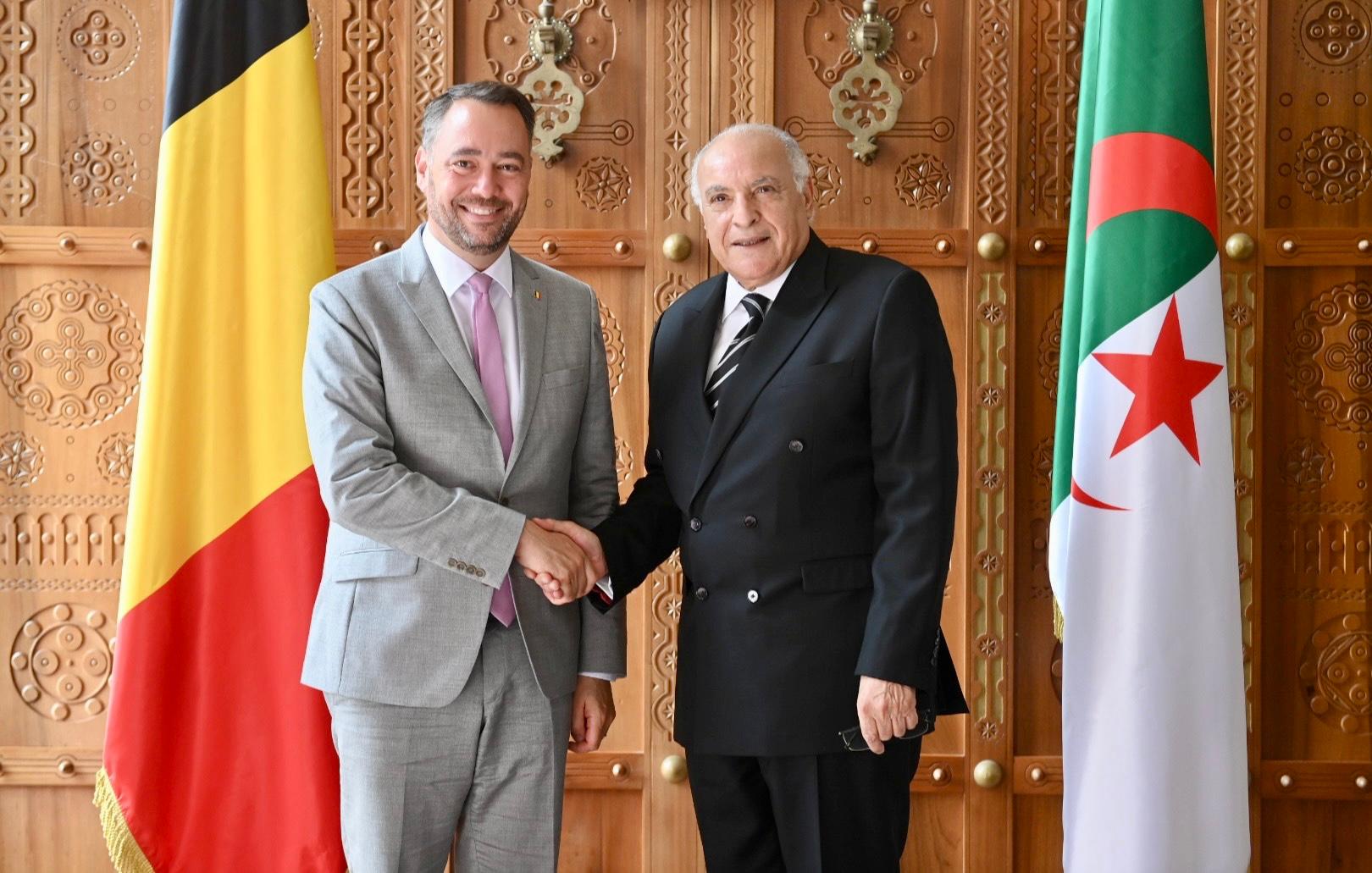Algerian Foreign Minister Ahmad Attaf with his Belgian counterpart Maxime Prevot