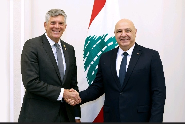 Lebanese President Joseph Aoun during his reception of US Congressman Senator Darin Lahoud