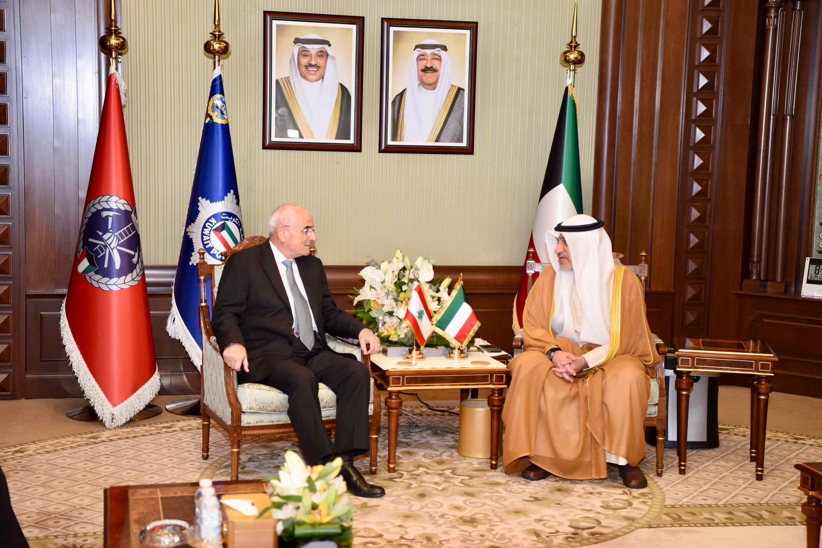 The First Deputy Prime Minister and Minister of Interior Sheikh Fahad Yusuf Saud Al-Sabah holds cooperation talks with the visiting Lebanese Defense Minister Michel Menassah