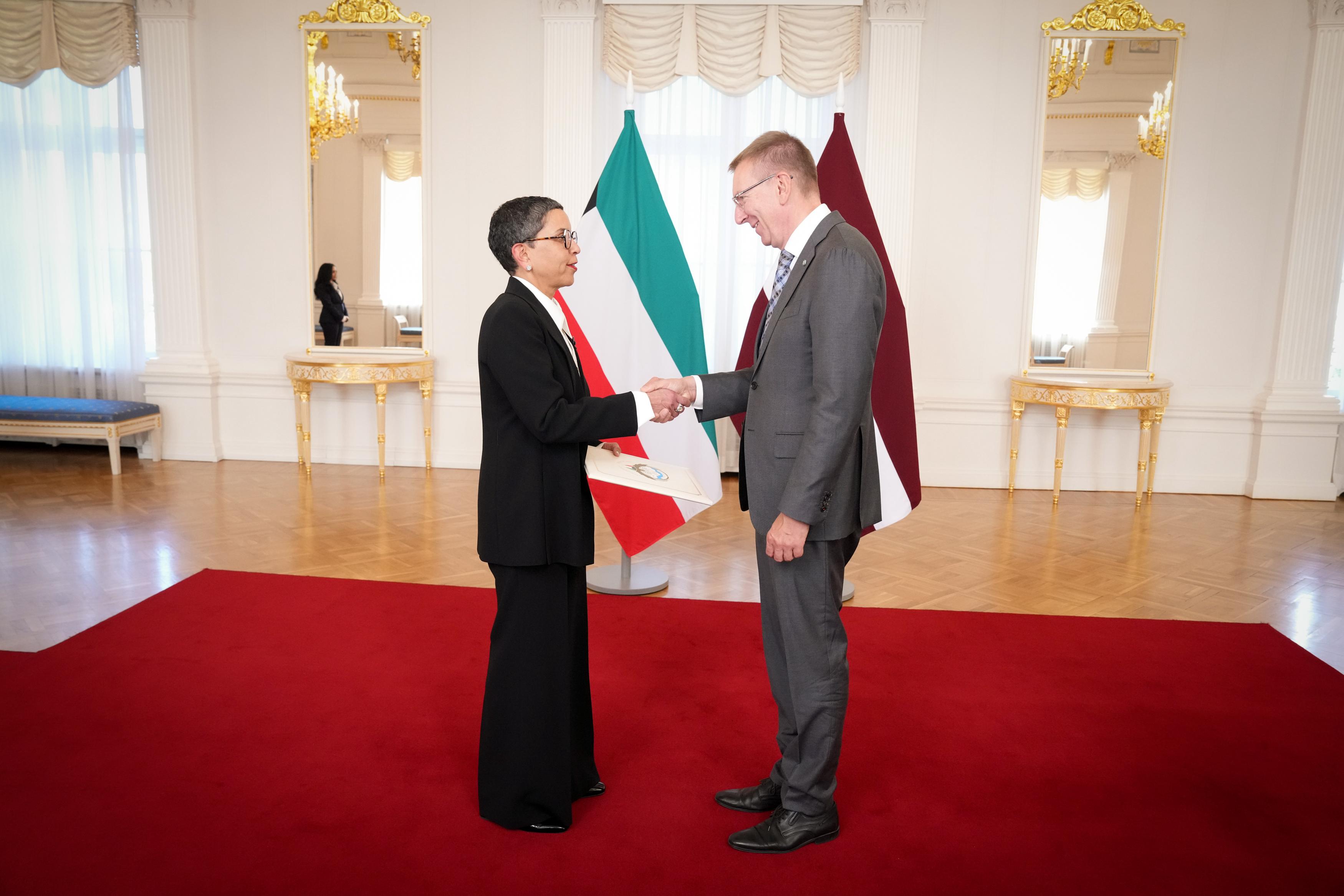 Kuwait's Ambassador to Germany Reem Al-Khaled presents credentials as the ambassador, extraordinary to Latvia to the President Edgars Rinkevics