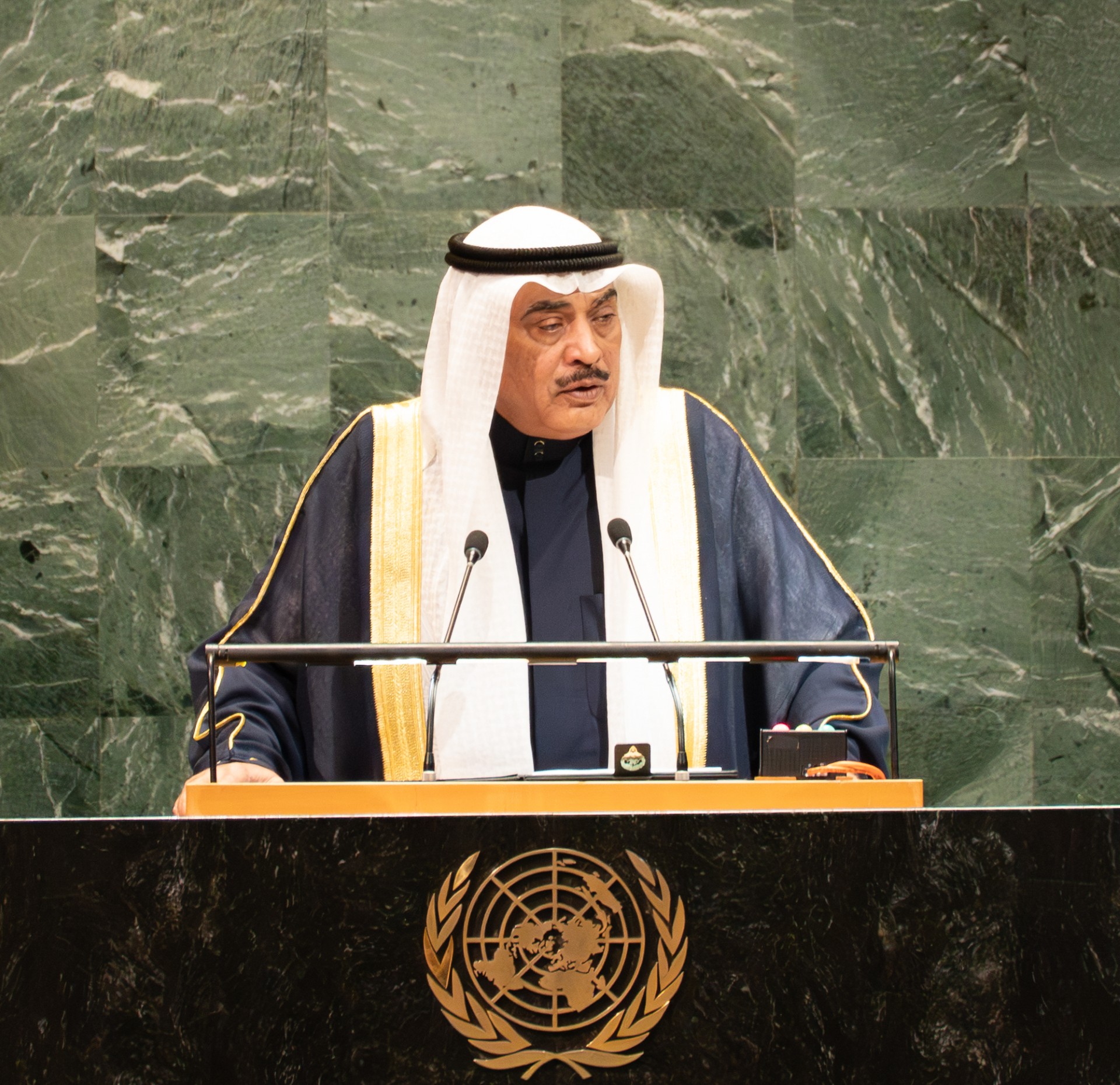 Representative of His Highness the Amir of Kuwait Sheikh Meshal Al-Ahmad Al-Jaber Al-Sabah, His Highness the Crown Prince Sheikh Sabah Khaled Al-Hamad Al-Sabah delivers Kuwait's speech