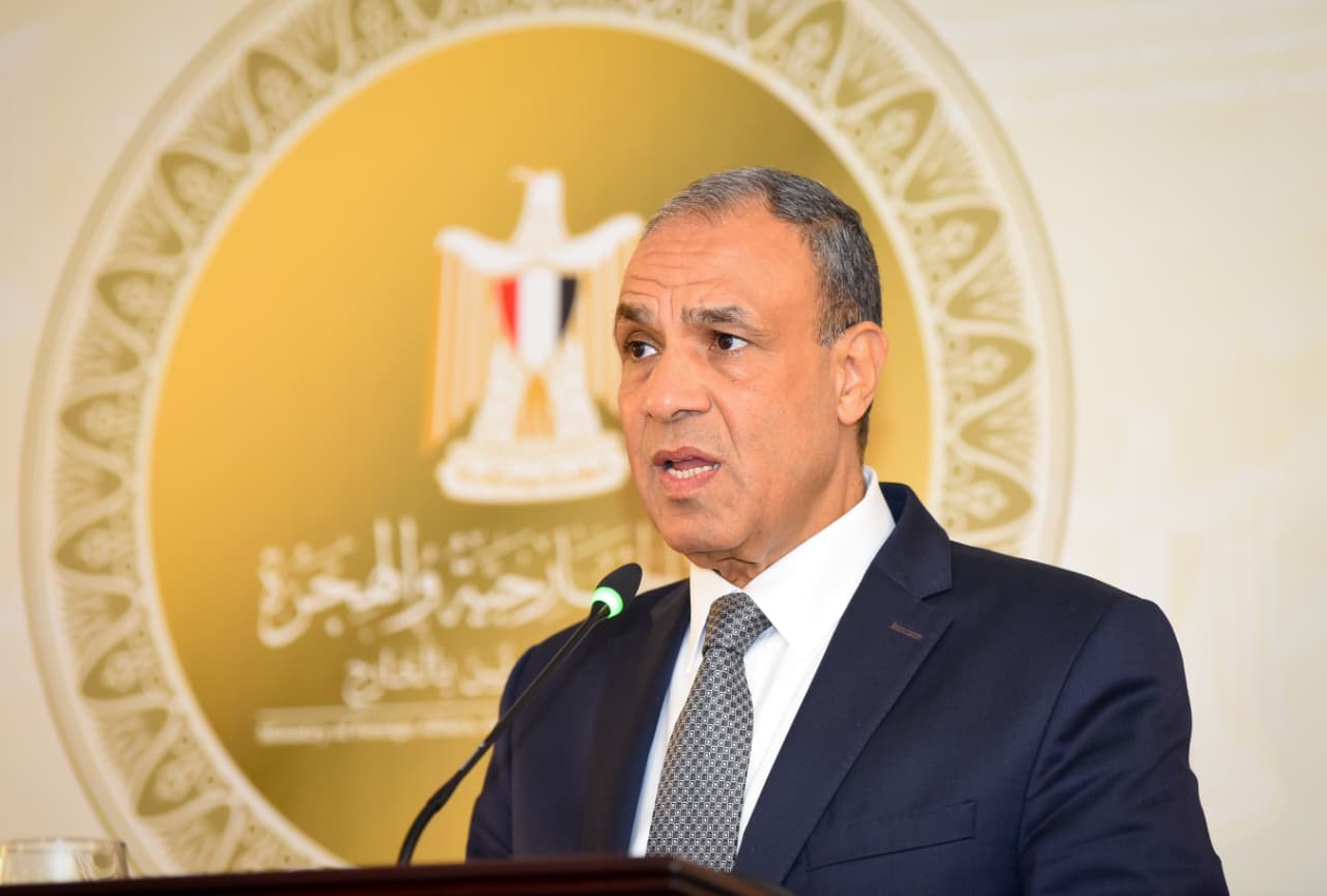 وزير الخارجية والهجرة المصري الدكتور بدر عبد العاطي خلال المؤتمر الصحافي