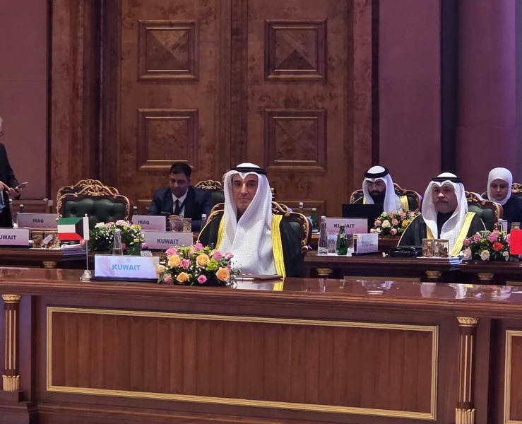 Kuwait's Permanent Representative to the League of Arab States Ambassador Talal Al-Mutairi addresses his statement