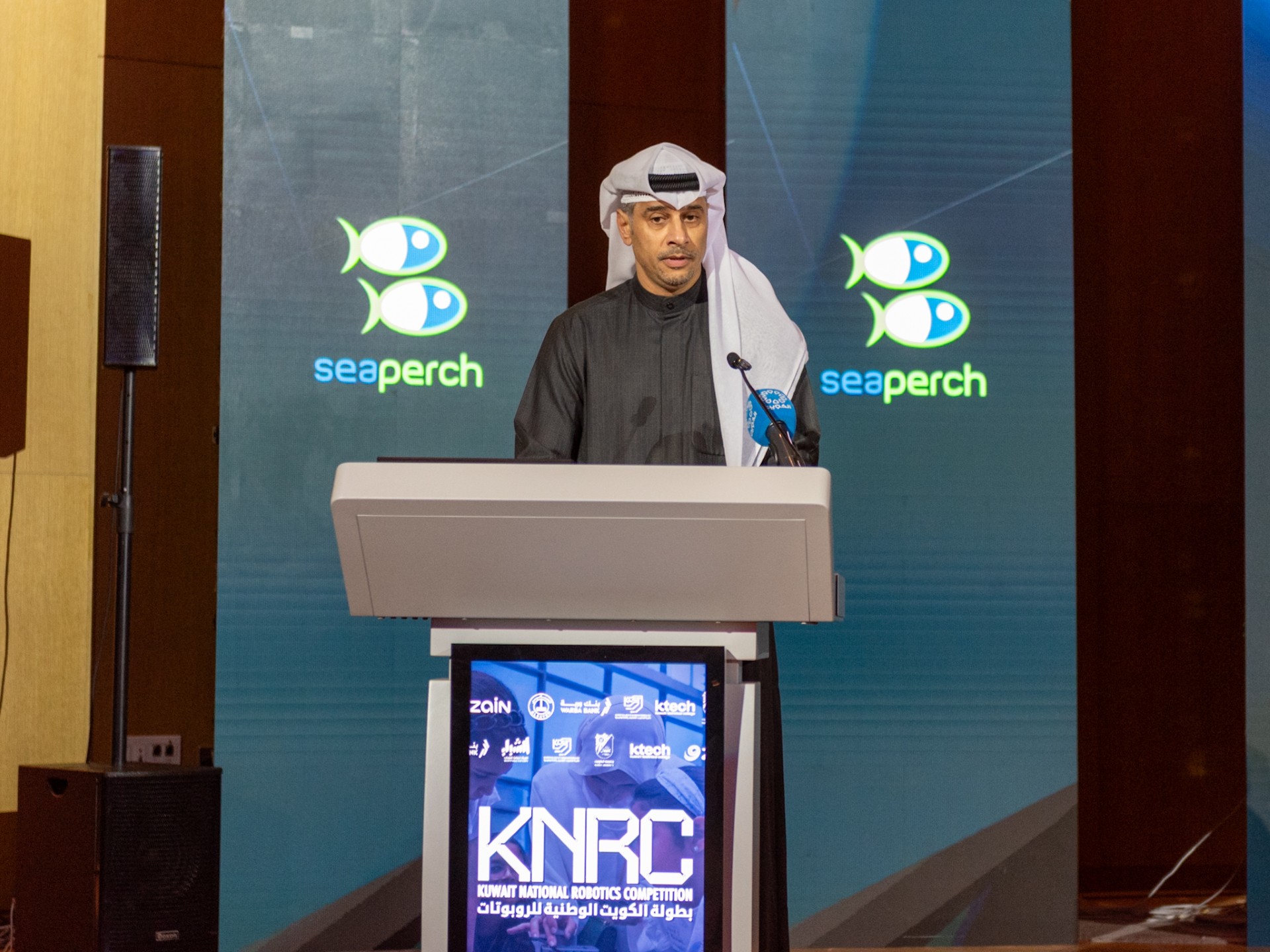 Kuwaiti Minister of State for Youth Affairs and Sports Dr. Tareq Al-Jalahma addresses his statement