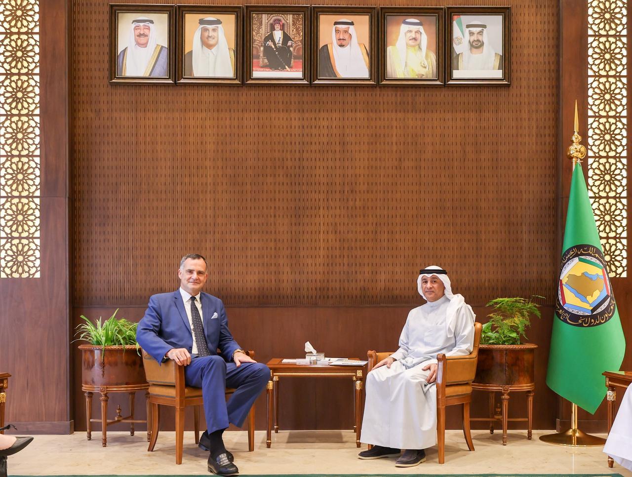 Secretary-General of the Gulf Cooperation Council Jassim Al-Budaiwi with the EU Ambassador to Saudi Arabia Christophe Farnaud